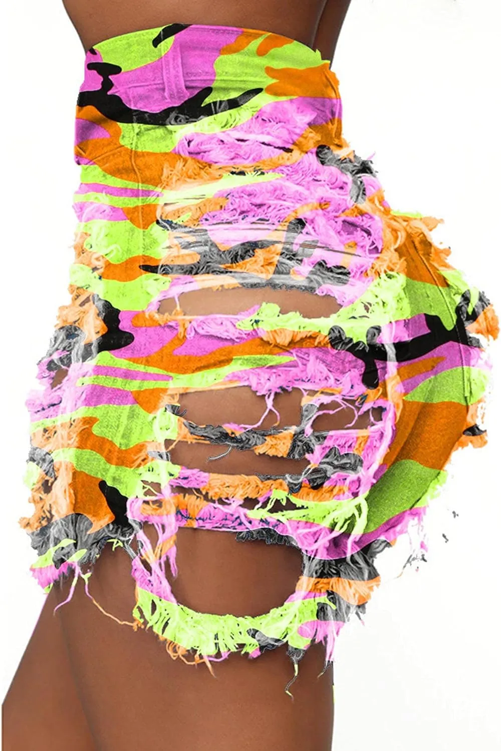 SOMTHRON Women's Sexy Tie Dye High Waisted Jean Shorts Ripped Destroyed Frayed Raw Rainbow Camo Skinny Denim Shorts
