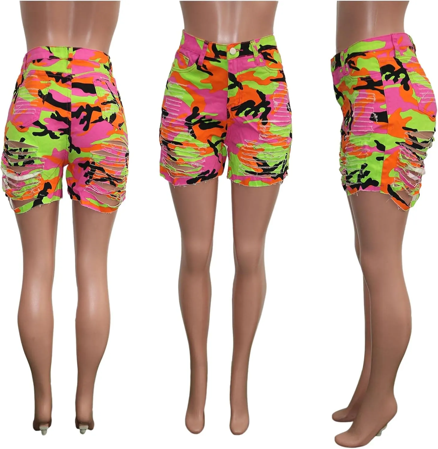 SOMTHRON Women's Sexy Tie Dye High Waisted Jean Shorts Ripped Destroyed Frayed Raw Rainbow Camo Skinny Denim Shorts
