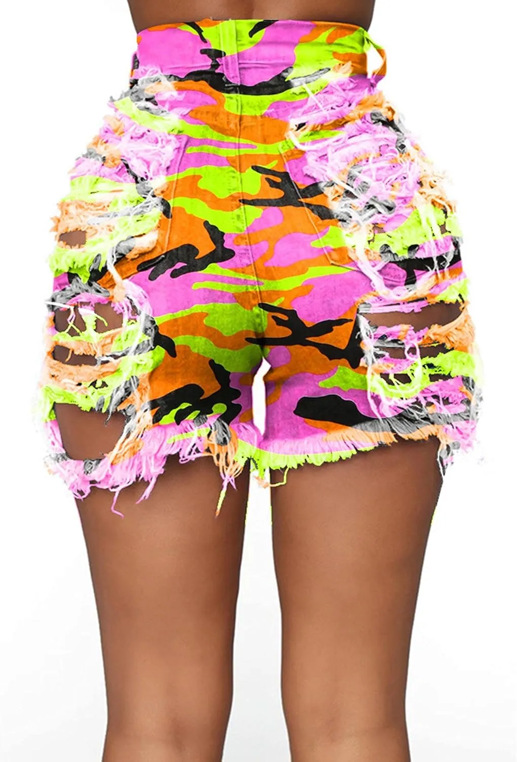 SOMTHRON Women's Sexy Tie Dye High Waisted Jean Shorts Ripped Destroyed Frayed Raw Rainbow Camo Skinny Denim Shorts