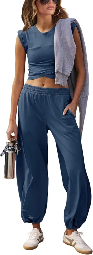 Springrain Womens Two Pieces Outfits Casual Lounge Sets Cropped Tops Sweatpants Tracksuit with Pockets