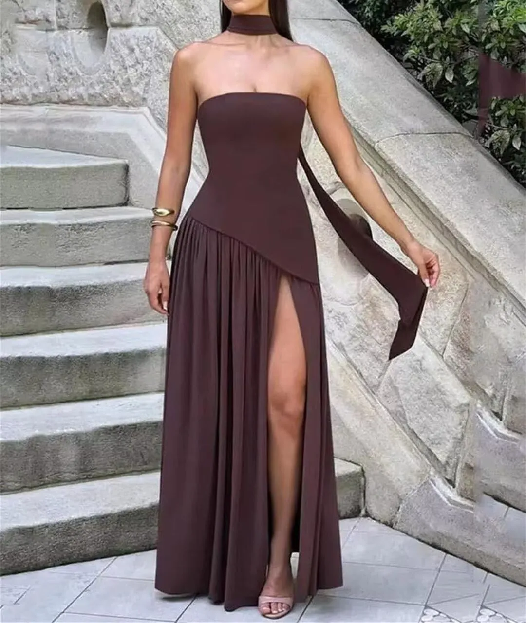 Strapless Bridesmaid Dress with Scarf Chiffon Long Prom Dresses Evening Dress