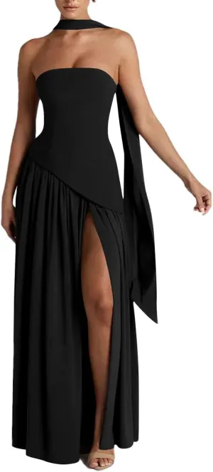 Strapless Bridesmaid Dress with Scarf Chiffon Long Prom Dresses Evening Dress