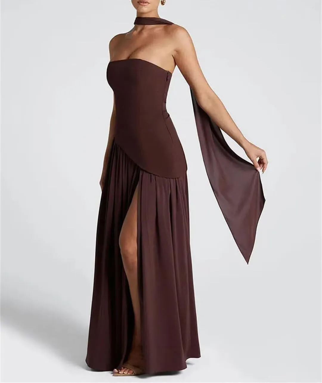 Strapless Bridesmaid Dress with Scarf Chiffon Long Prom Dresses Evening Dress