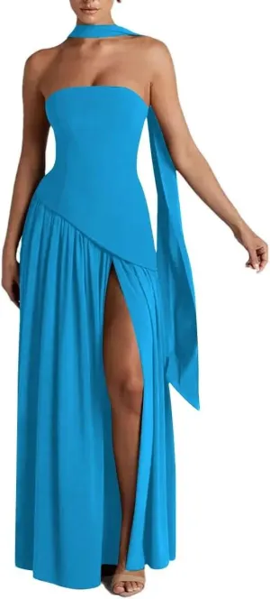 Strapless Bridesmaid Dress with Scarf Chiffon Long Prom Dresses Evening Dress