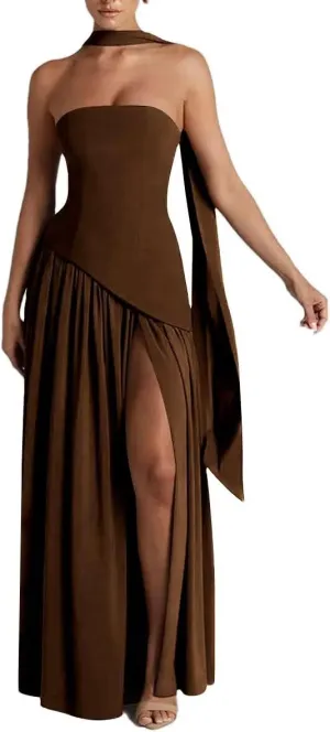 Strapless Bridesmaid Dress with Scarf Chiffon Long Prom Dresses Evening Dress