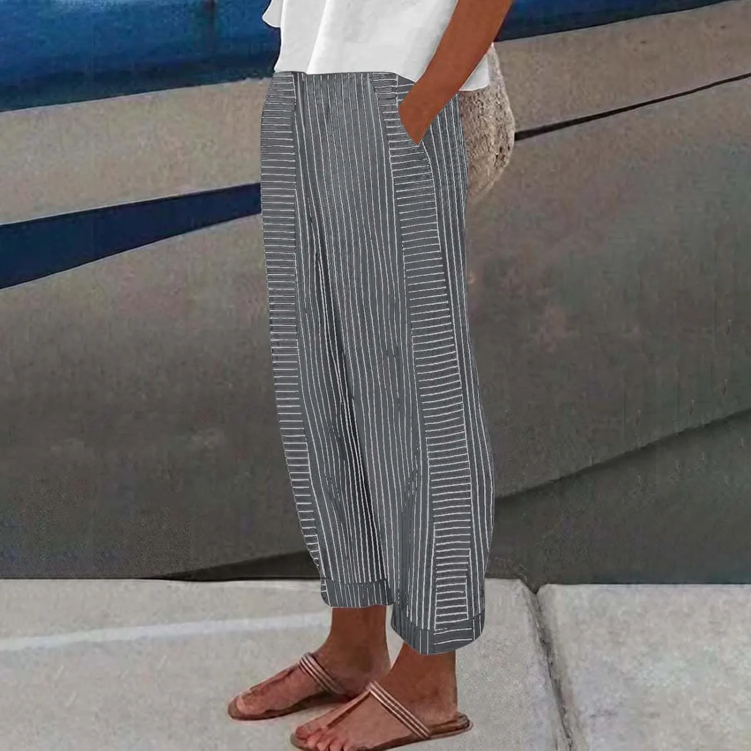 Striped Casual Pants for Women High Waisted Pants Straight Leg Travel Pants Comfy Beach Pants Trousers with Pockets