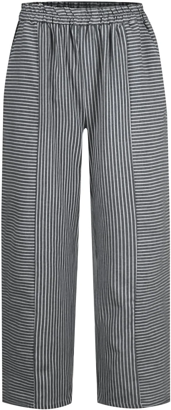 Striped Casual Pants for Women High Waisted Pants Straight Leg Travel Pants Comfy Beach Pants Trousers with Pockets