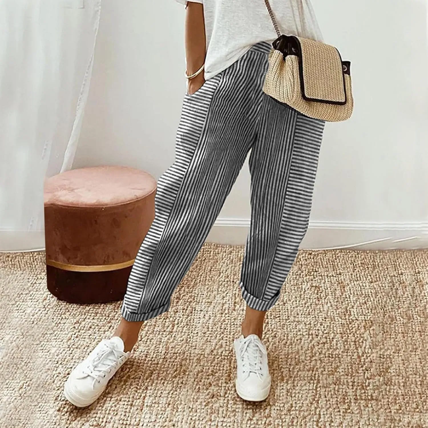 Striped Casual Pants for Women High Waisted Pants Straight Leg Travel Pants Comfy Beach Pants Trousers with Pockets