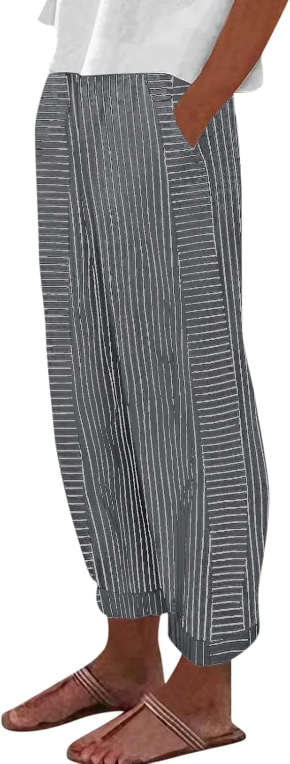Striped Casual Pants for Women High Waisted Pants Straight Leg Travel Pants Comfy Beach Pants Trousers with Pockets