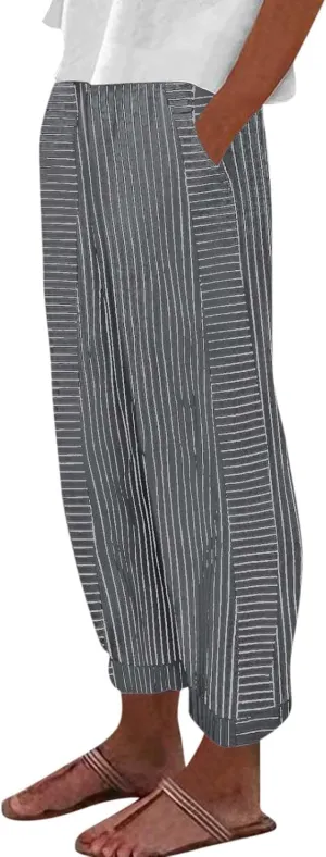 Striped Casual Pants for Women High Waisted Pants Straight Leg Travel Pants Comfy Beach Pants Trousers with Pockets