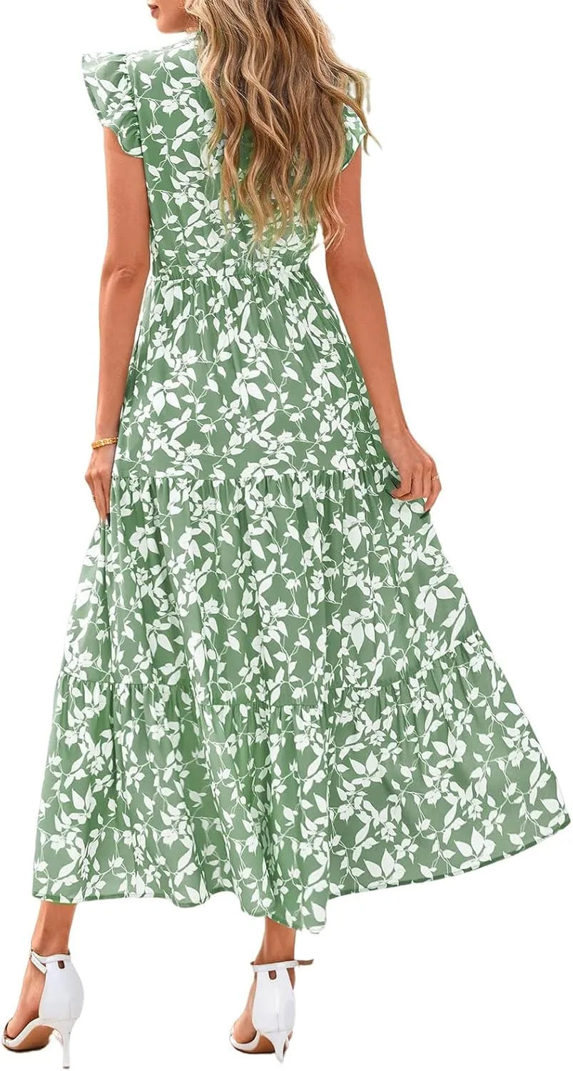 Summer Dresses for Women Trendy Floral Print V Neck Ruffle Sleeveless Maxi Dress Casual Flowy Tunic Ruffle Hem Dress