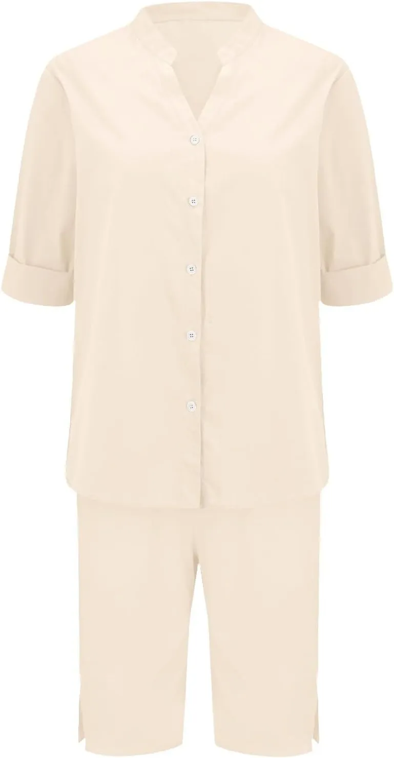 Summer Linen Sets for Women Casual V Neck Button Down Short Sleeve Shirts Split Hem Shorts Outfits Loose Tracksuits