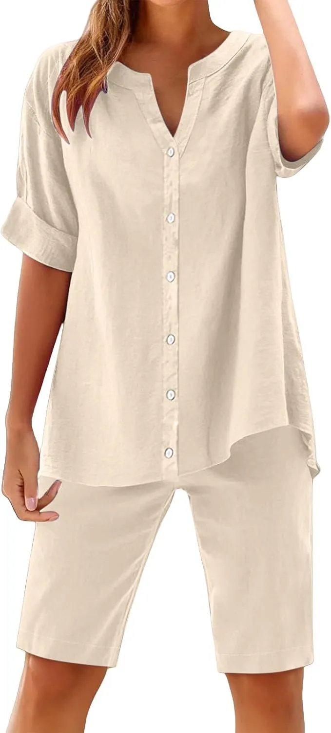 Summer Linen Sets for Women Casual V Neck Button Down Short Sleeve Shirts Split Hem Shorts Outfits Loose Tracksuits