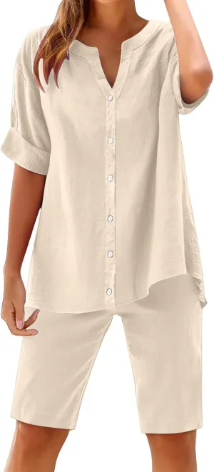 Summer Linen Sets for Women Casual V Neck Button Down Short Sleeve Shirts Split Hem Shorts Outfits Loose Tracksuits