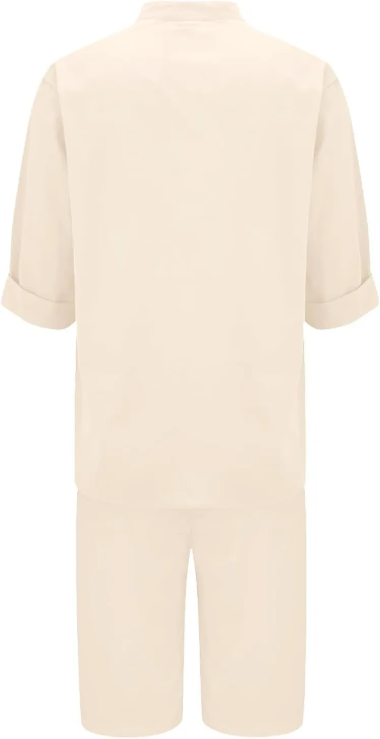 Summer Linen Sets for Women Casual V Neck Button Down Short Sleeve Shirts Split Hem Shorts Outfits Loose Tracksuits