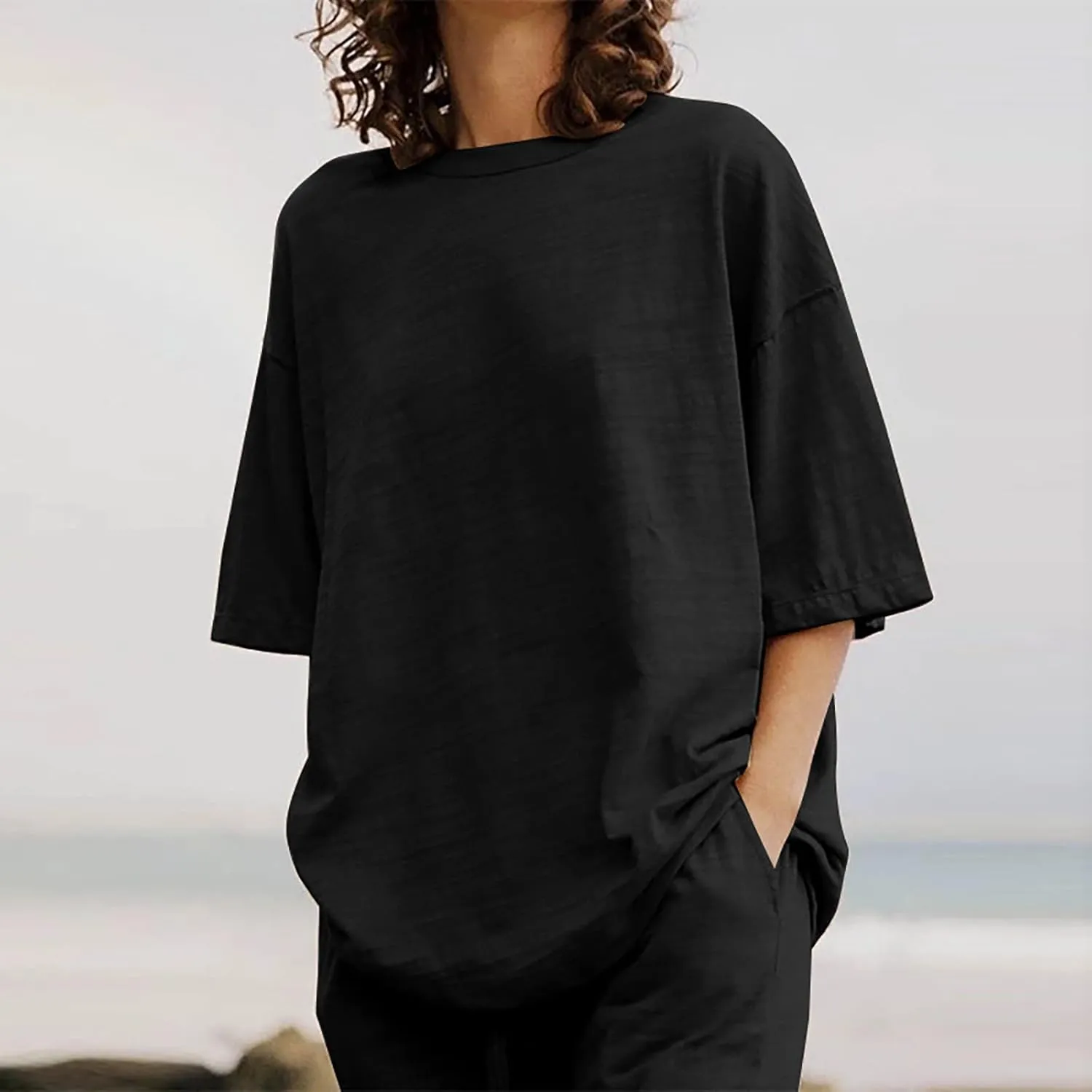 Summer Outfits for Women 2 Piece Cotton Linen Set Boyfriend Oversized T Shirts Straight Leg Pant Plus Size Tracksuit