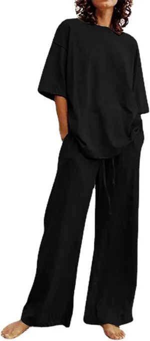 Summer Outfits for Women 2 Piece Cotton Linen Set Boyfriend Oversized T Shirts Straight Leg Pant Plus Size Tracksuit