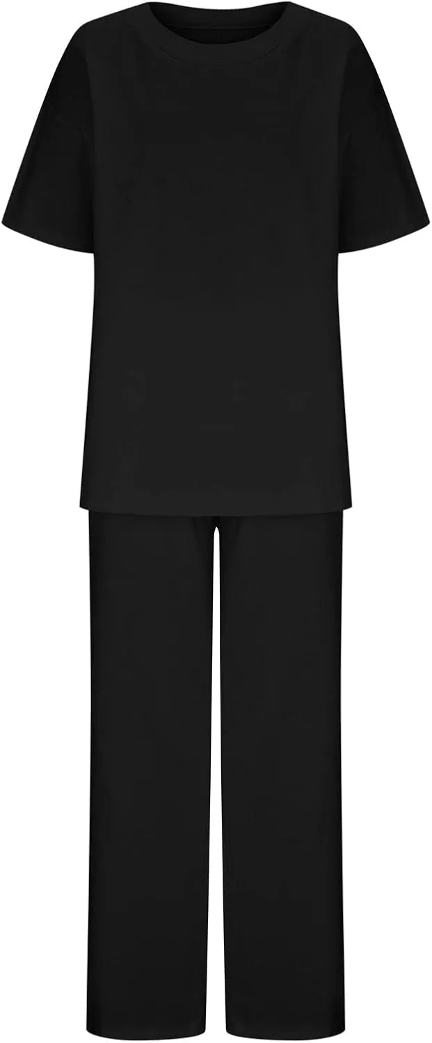 Summer Outfits for Women 2 Piece Cotton Linen Set Boyfriend Oversized T Shirts Straight Leg Pant Plus Size Tracksuit