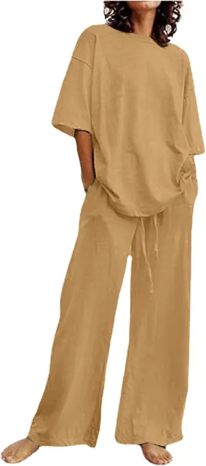 Summer Outfits for Women 2 Piece Cotton Linen Set Boyfriend Oversized T Shirts Straight Leg Pant Plus Size Tracksuit