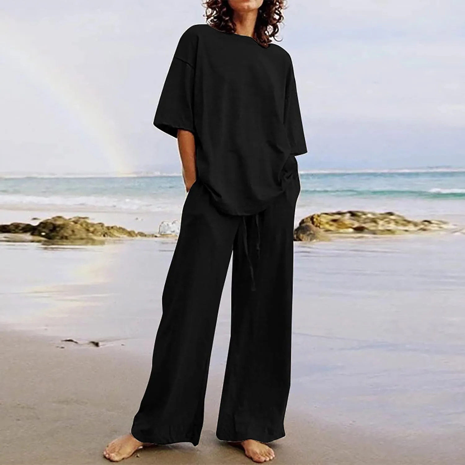 Summer Outfits for Women 2 Piece Cotton Linen Set Boyfriend Oversized T Shirts Straight Leg Pant Plus Size Tracksuit