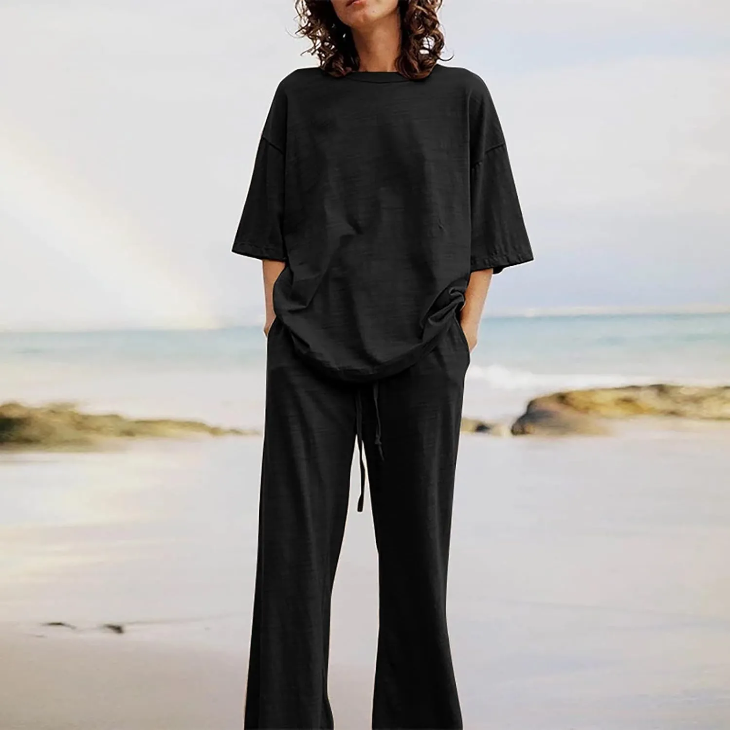 Summer Outfits for Women 2 Piece Cotton Linen Set Boyfriend Oversized T Shirts Straight Leg Pant Plus Size Tracksuit