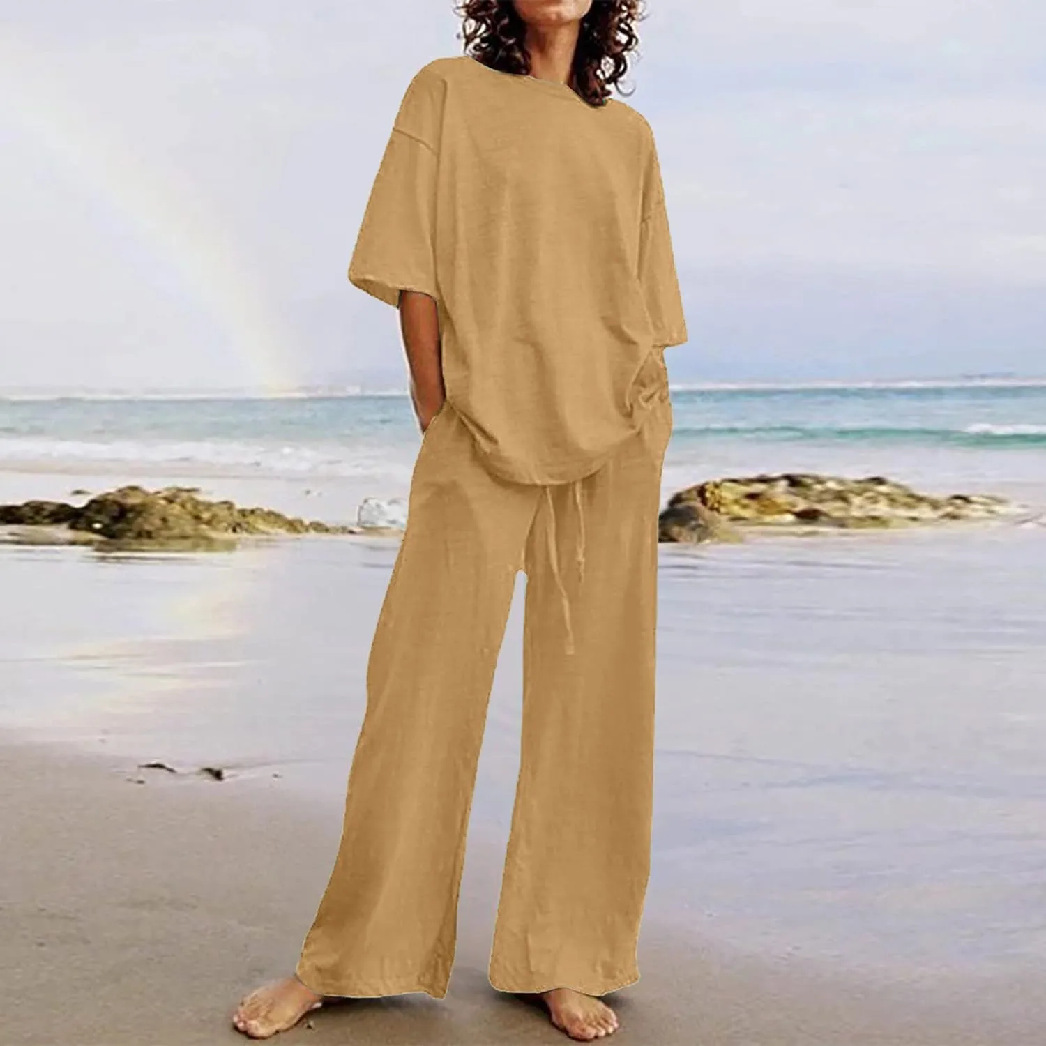 Summer Outfits for Women 2 Piece Cotton Linen Set Boyfriend Oversized T Shirts Straight Leg Pant Plus Size Tracksuit