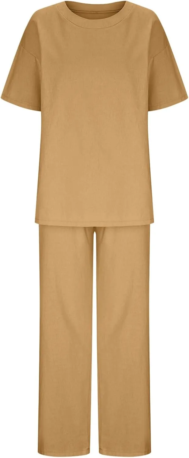Summer Outfits for Women 2 Piece Cotton Linen Set Boyfriend Oversized T Shirts Straight Leg Pant Plus Size Tracksuit