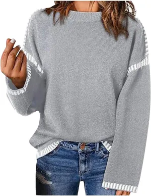 Sweaters for Women Trendy Casual Long Sleeve Crew Neck Loose Patchwork Knitted Pullover Sweaters 2024 Fall Clothes