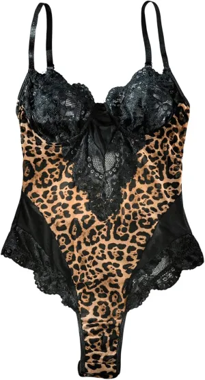 SweatyRocks Women's Leopard Print Bodysuit Cut Out Lace Teddy Lingerie with Snap Crotch