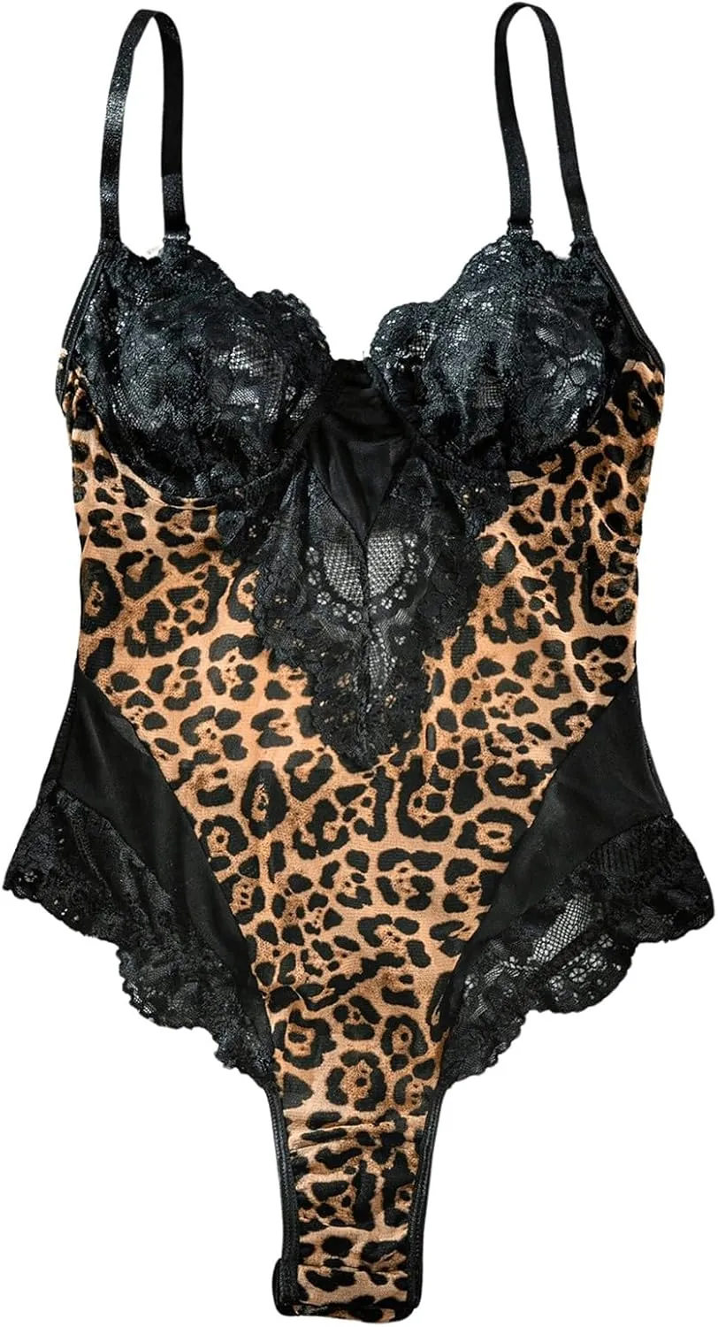 SweatyRocks Women's Leopard Print Bodysuit Cut Out Lace Teddy Lingerie with Snap Crotch