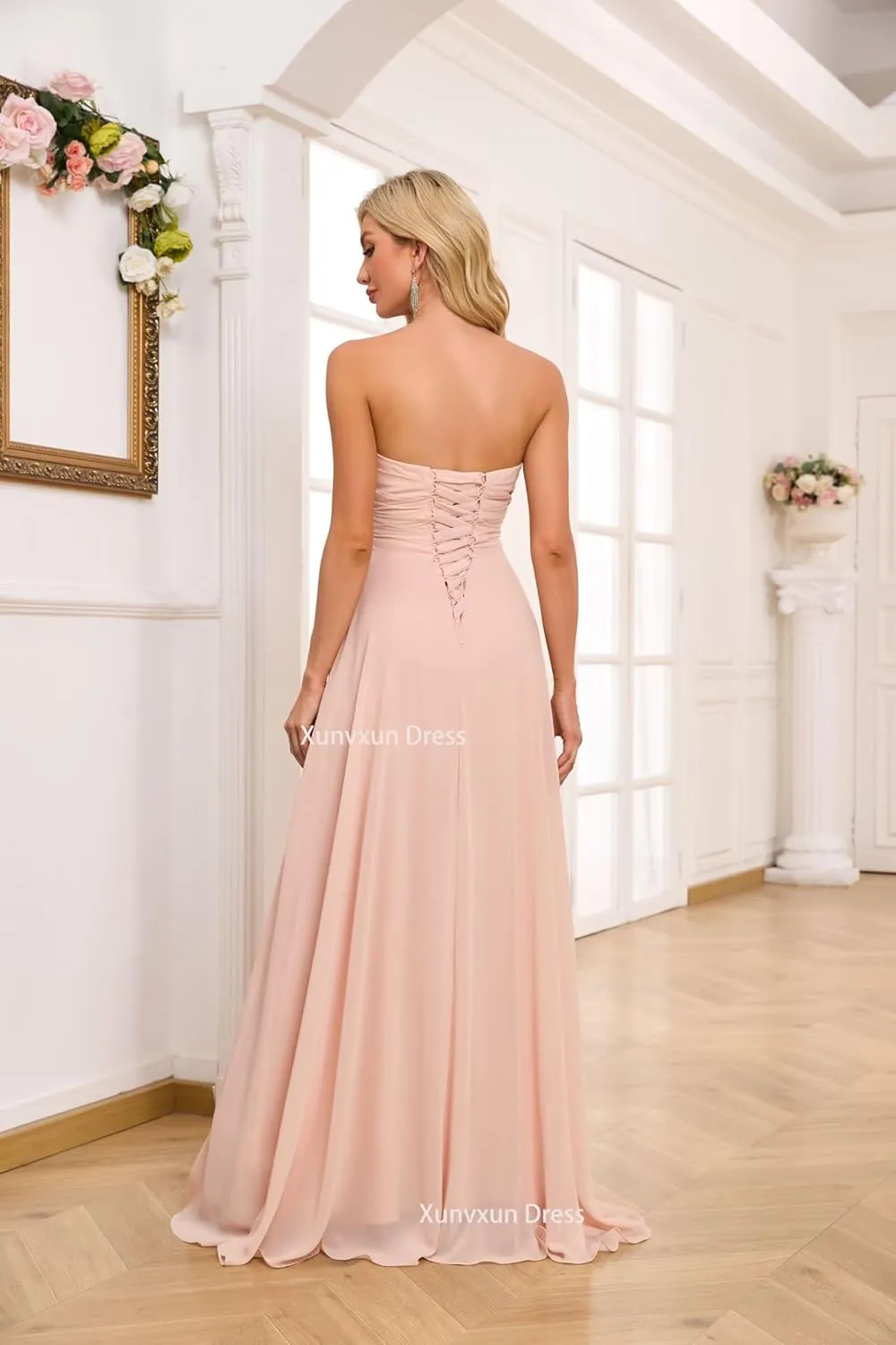 Sweetheart Chiffon Bridesmaid Dresses with Slit Long Pleated Prom Dress Strapless Formal Party Gowns
