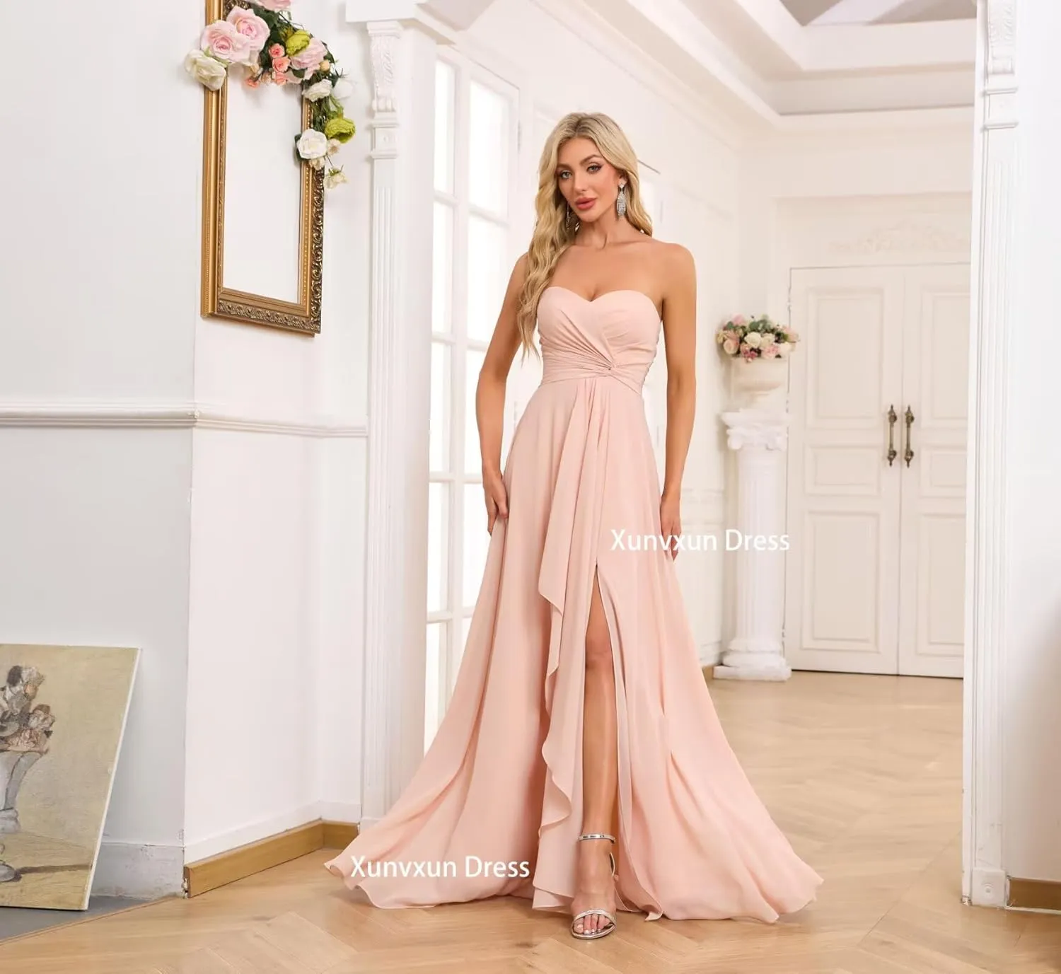 Sweetheart Chiffon Bridesmaid Dresses with Slit Long Pleated Prom Dress Strapless Formal Party Gowns