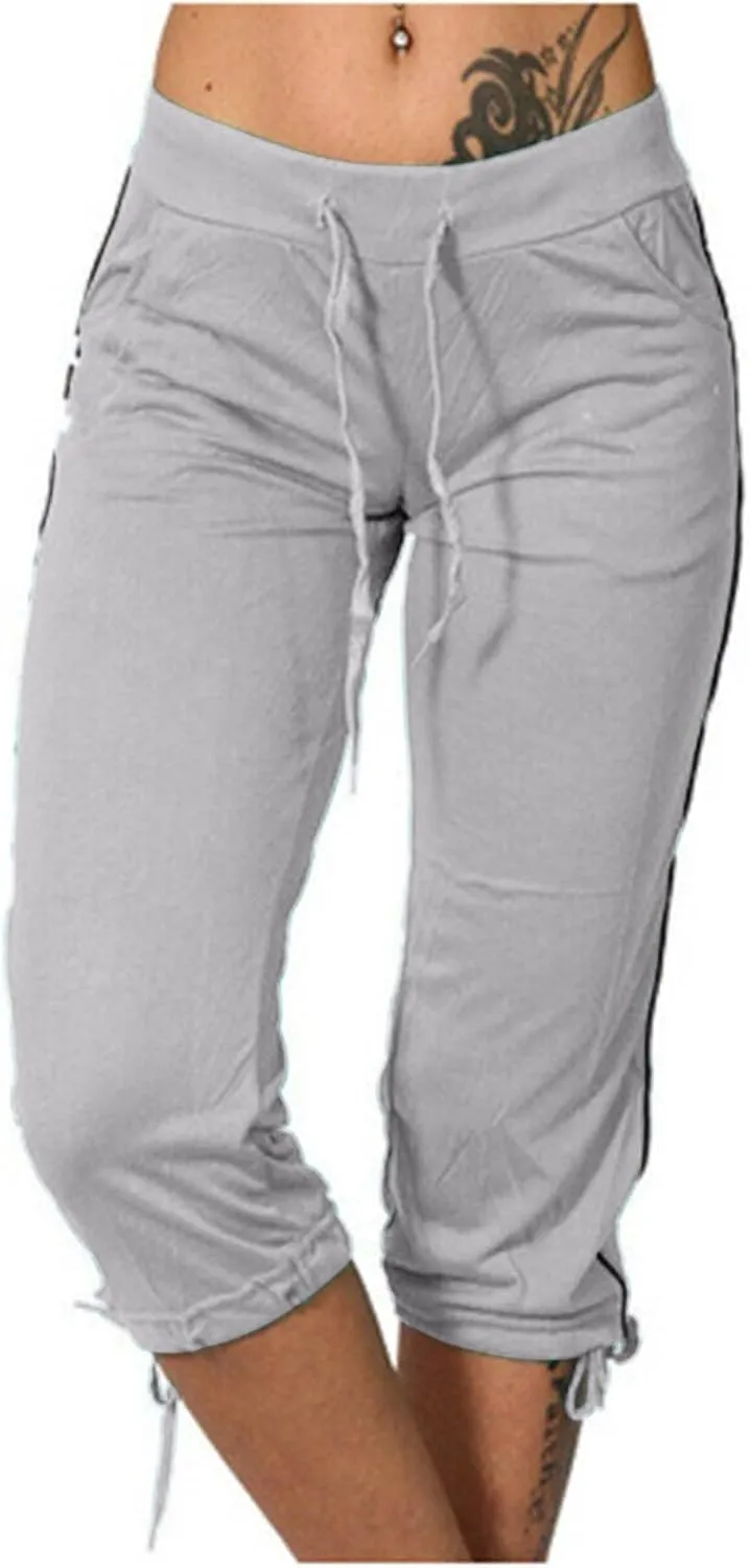 TANGNADE Women's Capri Joggers Athletic Casual Soft Sweatpants with Pockets Elastic Waist Drawstring Travel Bottoms Summer