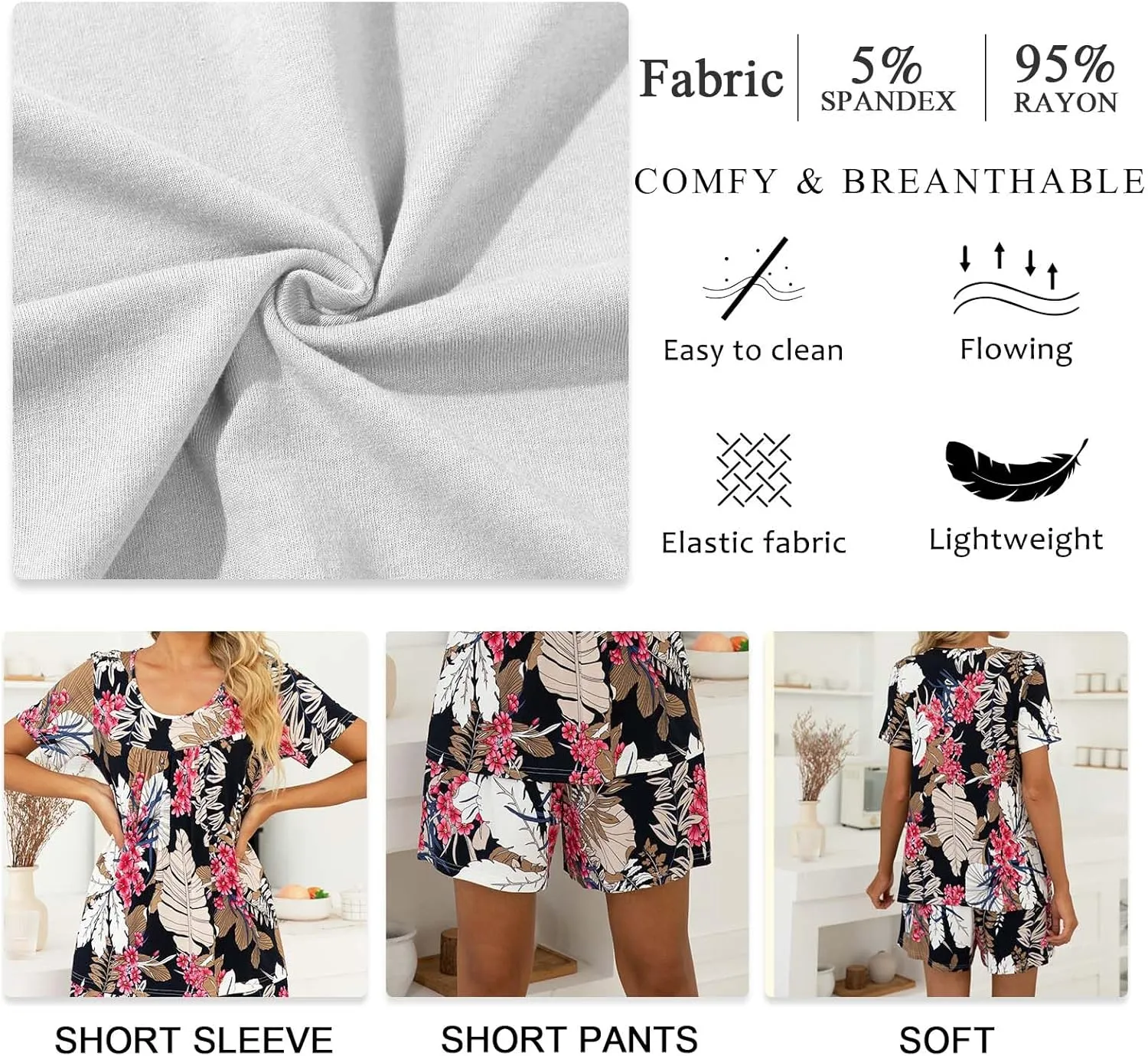 TAOHUADAO 2 Piece Women's Short Sleeve Pajama Sets, Lounge Sleepwear Ladies Pjs Sets with Pockets