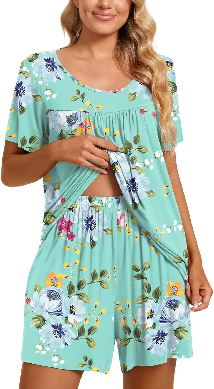 TAOHUADAO 2 Piece Women's Short Sleeve Pajama Sets, Lounge Sleepwear Ladies Pjs Sets with Pockets