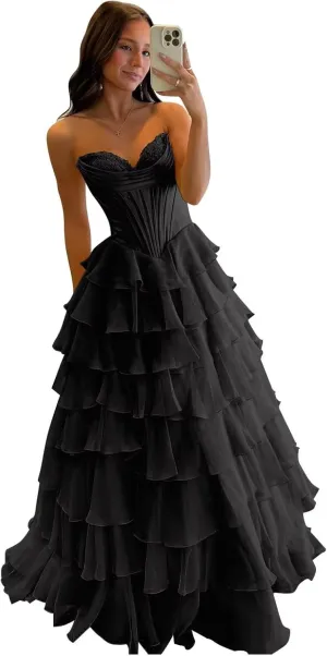 Tiered Chiffon Prom Dress Long Ball Gwon 2025 with Slit for Women Satin Cowl Neck Strapless Evening Dress