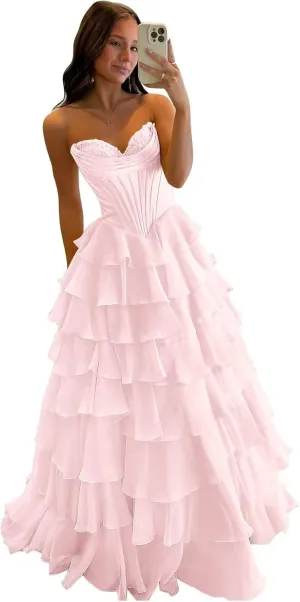 Tiered Chiffon Prom Dress Long Ball Gwon 2025 with Slit for Women Satin Cowl Neck Strapless Evening Dress