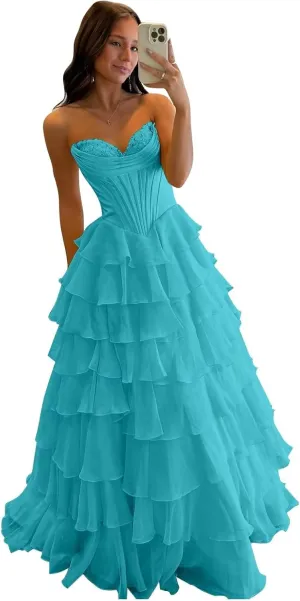 Tiered Chiffon Prom Dress Long Ball Gwon 2025 with Slit for Women Satin Cowl Neck Strapless Evening Dress