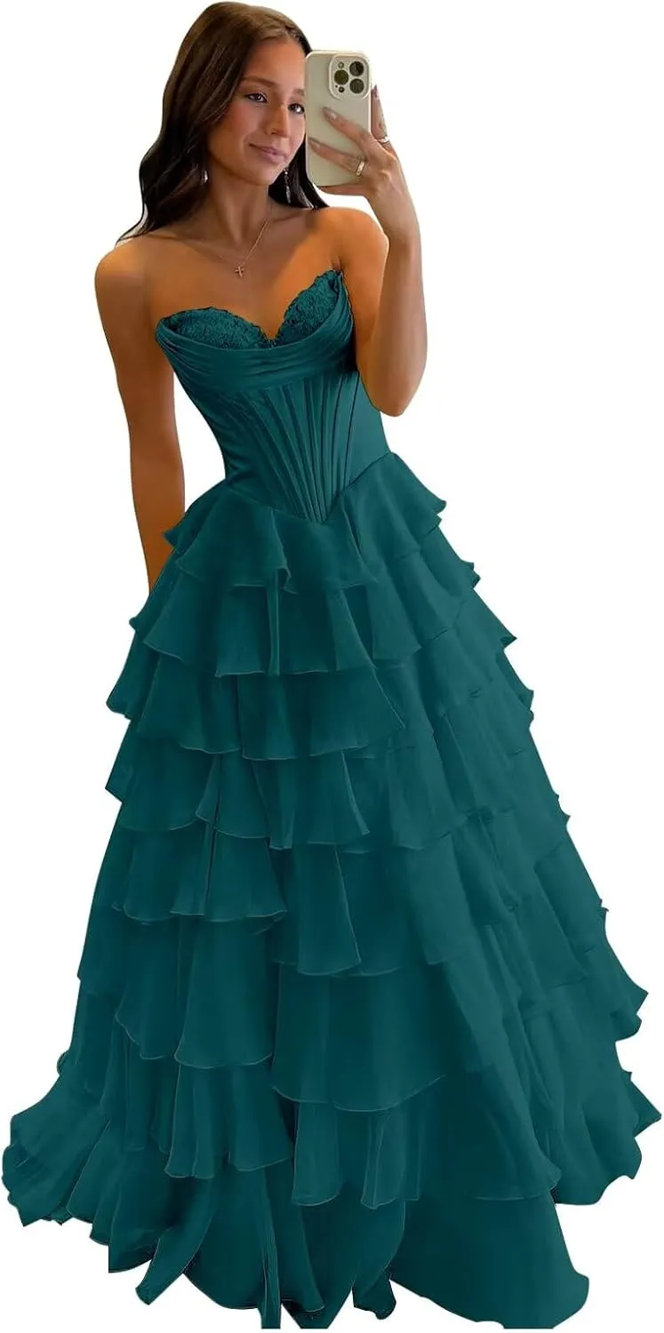 Tiered Chiffon Prom Dress Long Ball Gwon 2025 with Slit for Women Satin Cowl Neck Strapless Evening Dress