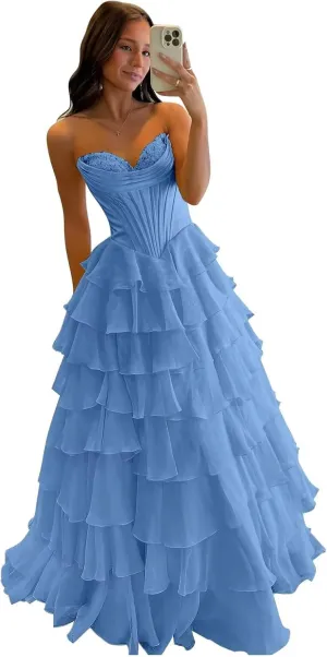 Tiered Chiffon Prom Dress Long Ball Gwon 2025 with Slit for Women Satin Cowl Neck Strapless Evening Dress