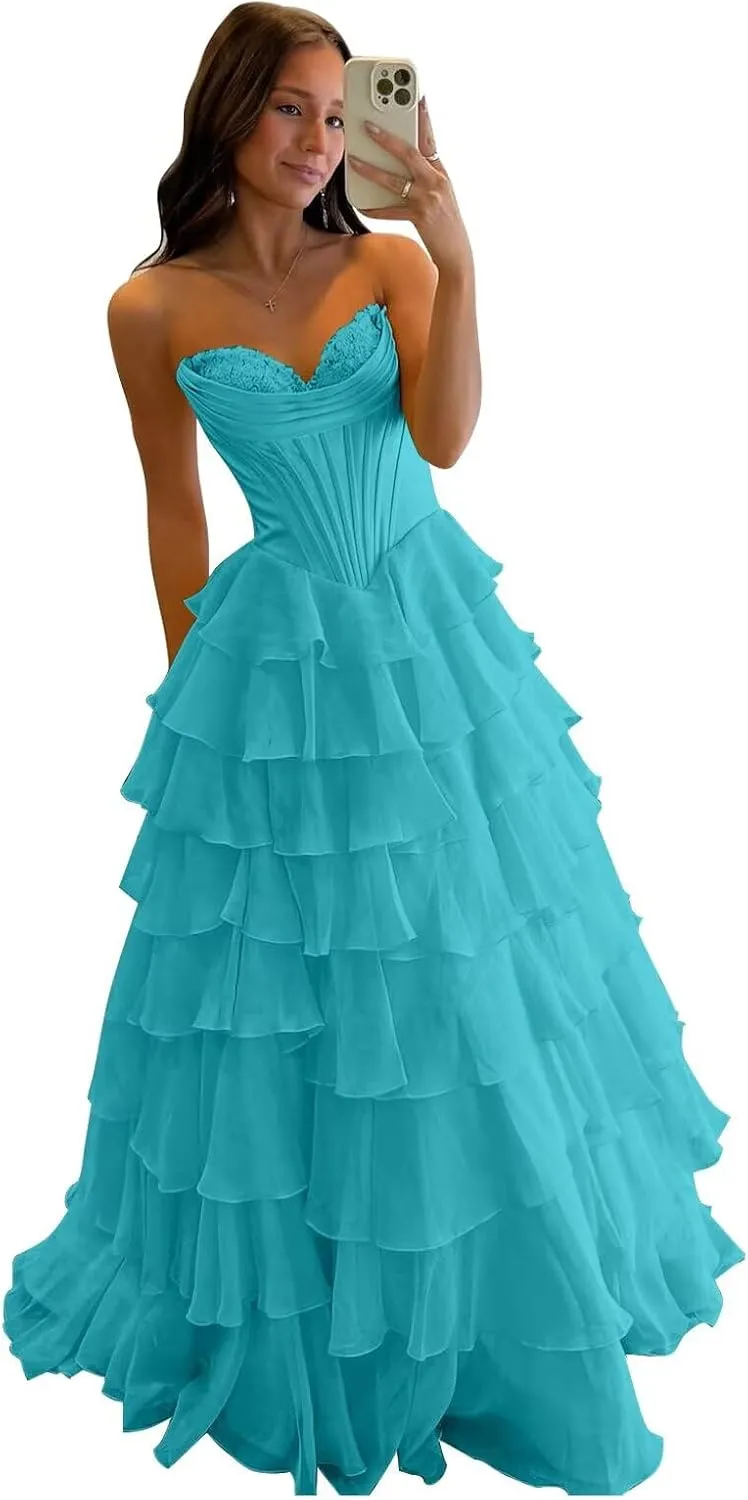 Tiered Chiffon Prom Dress Long Ball Gwon 2025 with Slit for Women Satin Cowl Neck Strapless Evening Dress