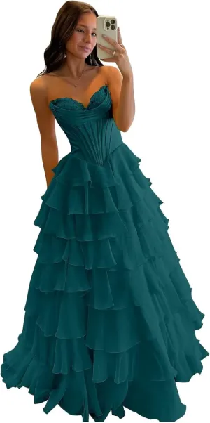Tiered Chiffon Prom Dress Long Ball Gwon 2025 with Slit for Women Satin Cowl Neck Strapless Evening Dress