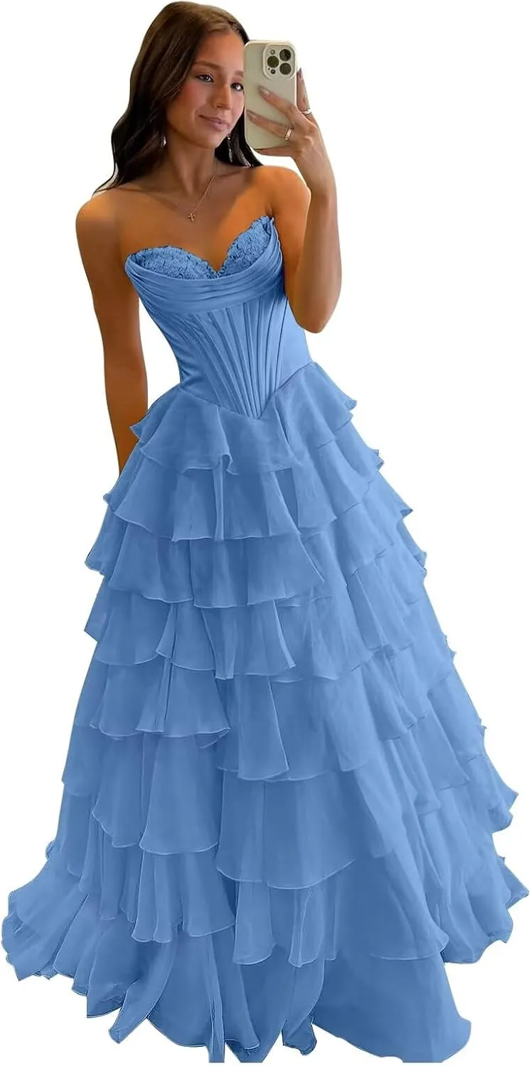 Tiered Chiffon Prom Dress Long Ball Gwon 2025 with Slit for Women Satin Cowl Neck Strapless Evening Dress