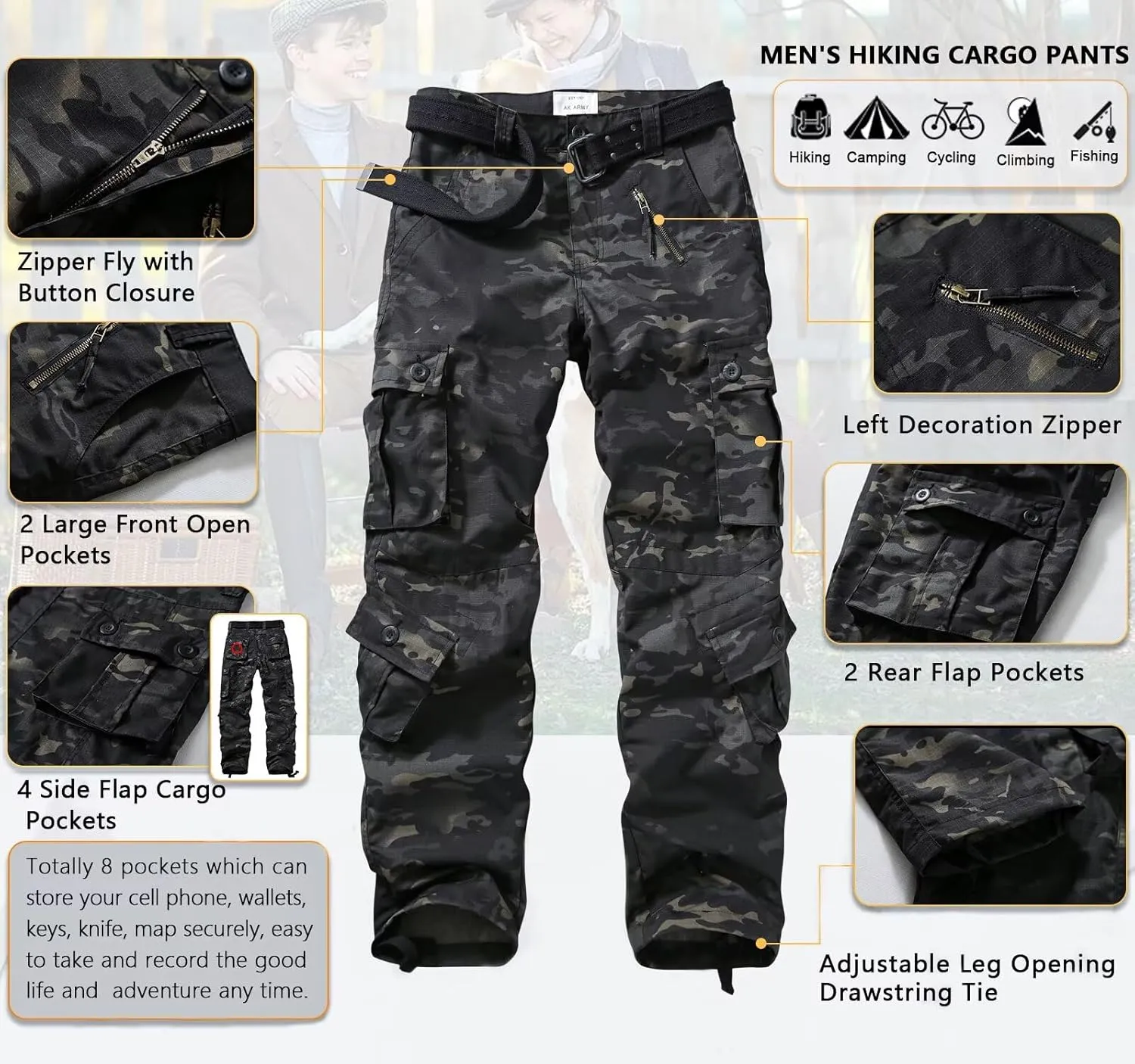 TRGPSG Men's Hiking Pants, Outdoor Ripstop Wild Cargo Pants, Multi-Pocket Army Camo Pants, Lightweight Casual Pants
