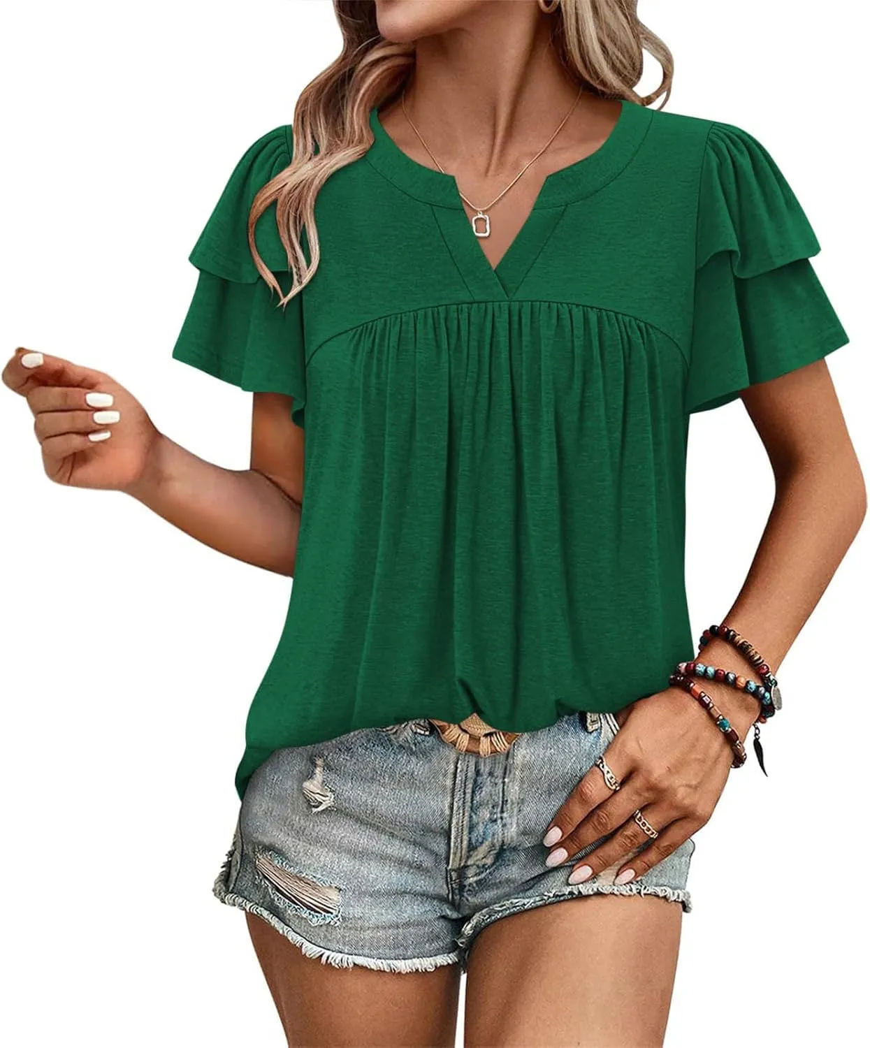 Tunic Tops for Women Ruffle Sleeve Shirts Loose Fit Casual V Neck Short Sleeve Summer Pleated T-Shirts Dressy Blouses