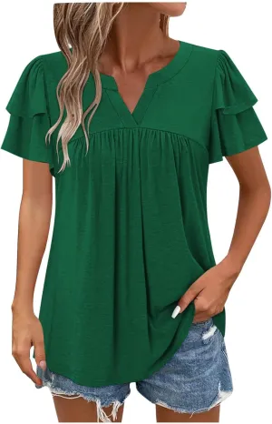 Tunic Tops for Women Ruffle Sleeve Shirts Loose Fit Casual V Neck Short Sleeve Summer Pleated T-Shirts Dressy Blouses
