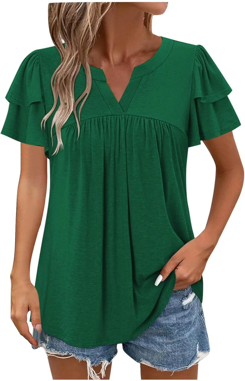 Tunic Tops for Women Ruffle Sleeve Shirts Loose Fit Casual V Neck Short Sleeve Summer Pleated T-Shirts Dressy Blouses