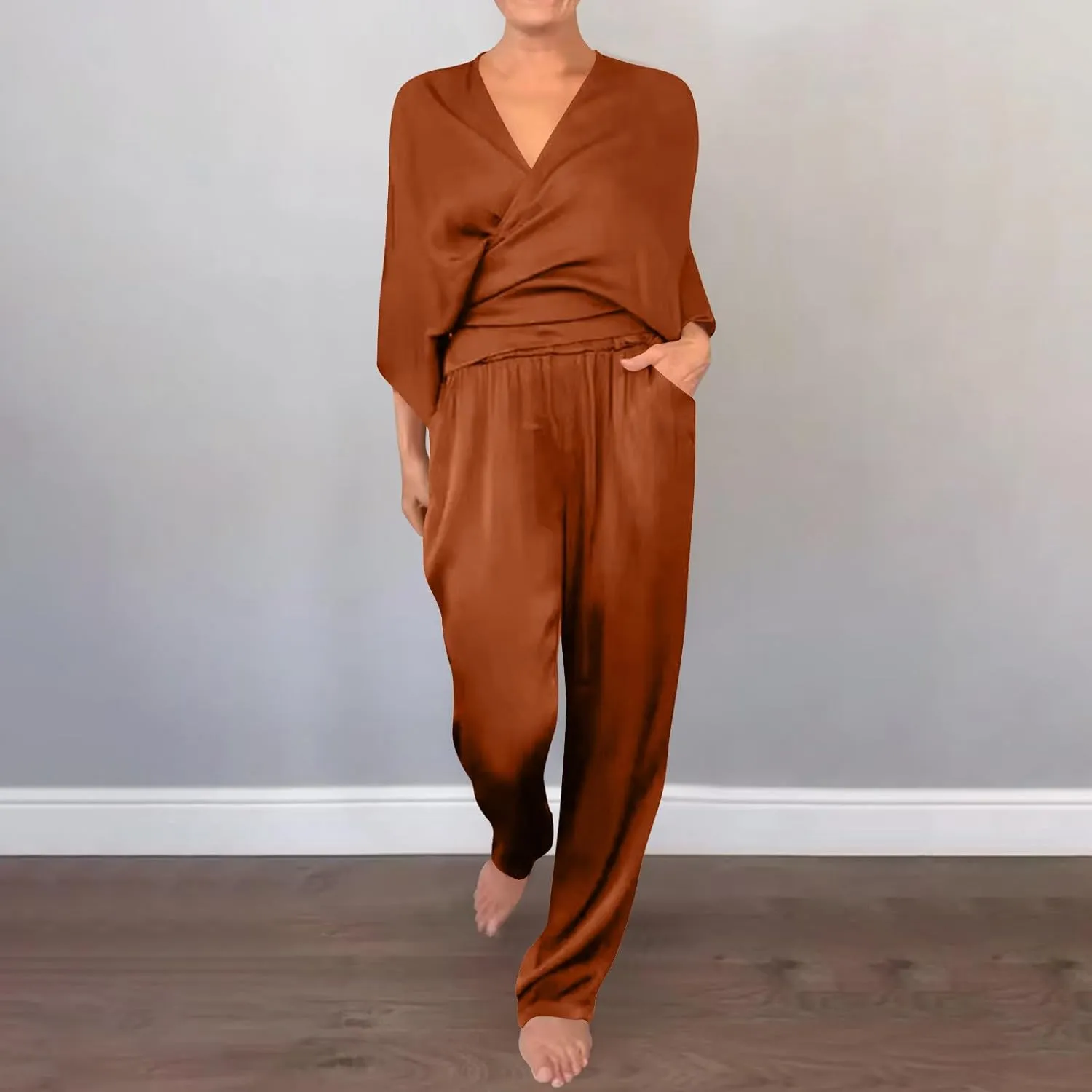 Two Piece Sets for Women Dressy Outfits Satin Silk Wrap V Neck Long Sleeve Blouses & Soft Pants Matching Sets