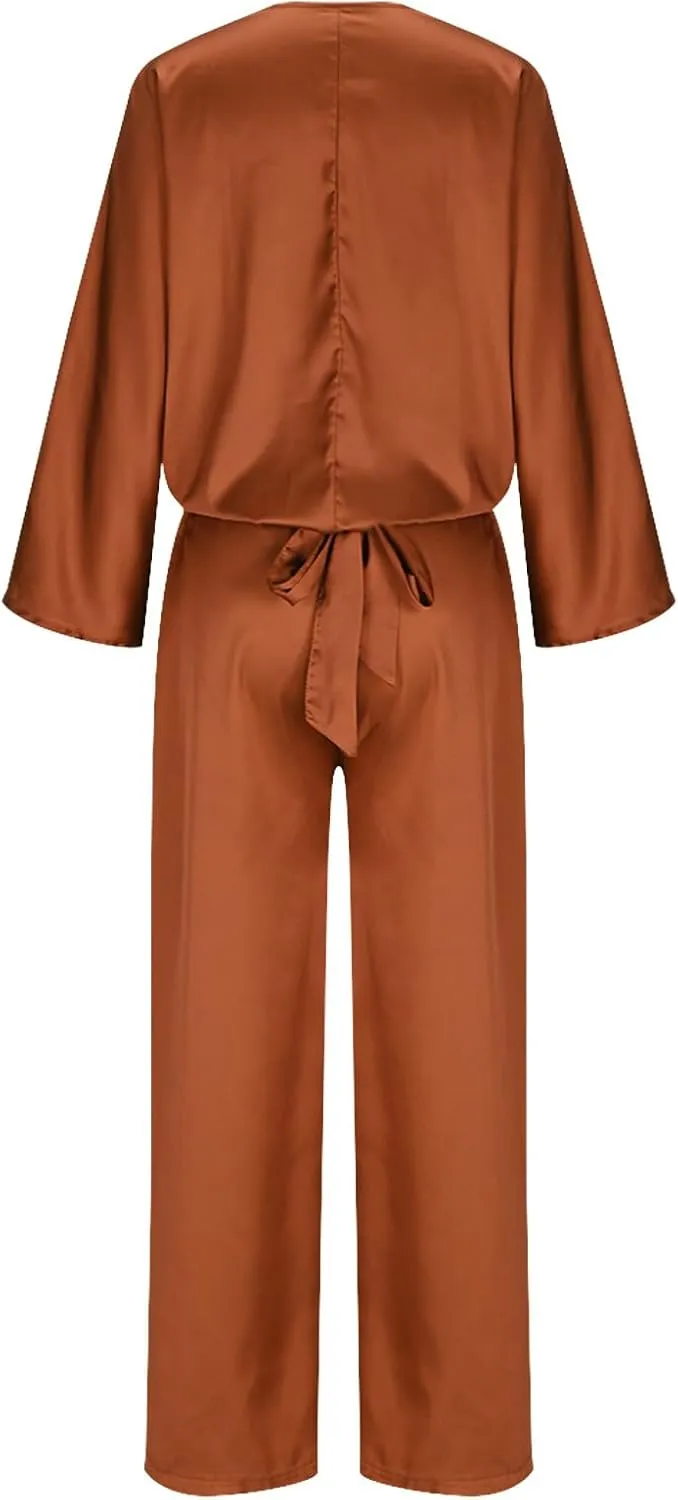 Two Piece Sets for Women Dressy Outfits Satin Silk Wrap V Neck Long Sleeve Blouses & Soft Pants Matching Sets