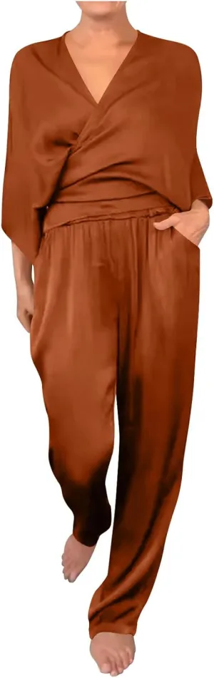 Two Piece Sets for Women Dressy Outfits Satin Silk Wrap V Neck Long Sleeve Blouses & Soft Pants Matching Sets